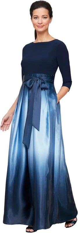 S.L. Fashions Women's Long Satin Party Dress 3/4 Sleeve and Sleeveless Has Pockets Special Occasion, Navy and Wedgewood, 10 Petite