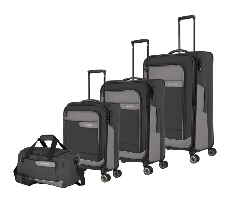 travelite 4-Wheel Suitcase Set Soft Shell Made of Recycled Material, Sizes L/M/S + Travel Bag, Luggage Series VIIA: Trolley Set with Hand Luggage in IATA Board Baggage Size