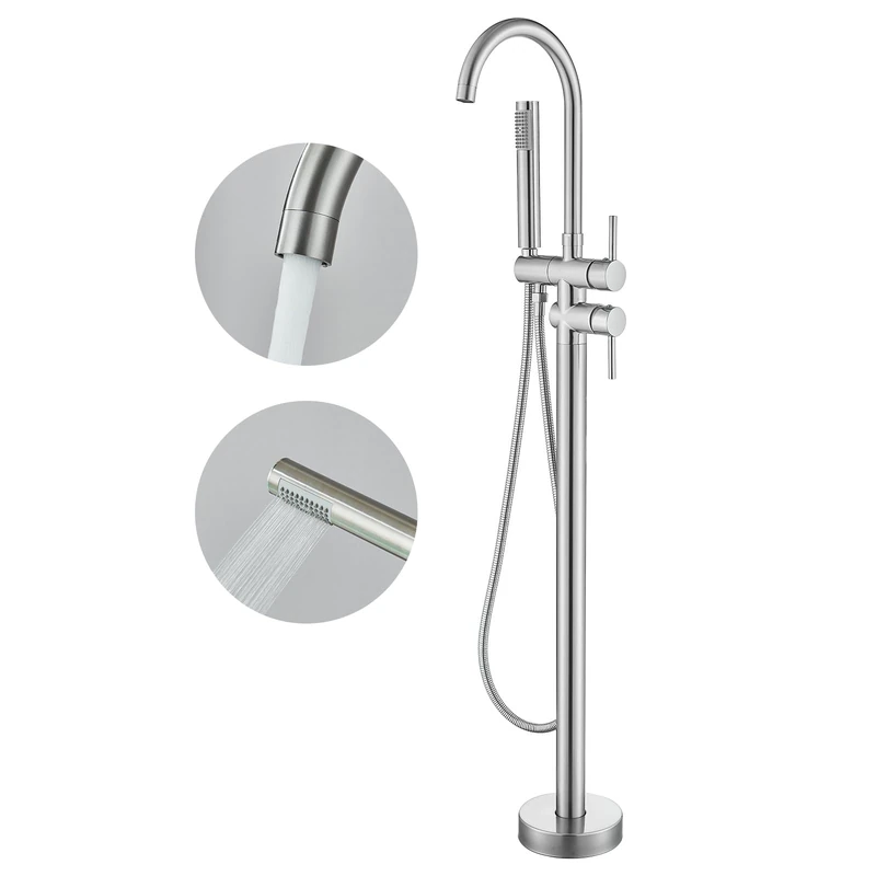 Freestanding Bathtub Faucet, Brushed Nickel Floor Mounted Tub Filler with Handheld Shower, 360° Swivel Spout & High Flow Waterfall, Solid Brass Construction, Easy Install Bathroom Faucet