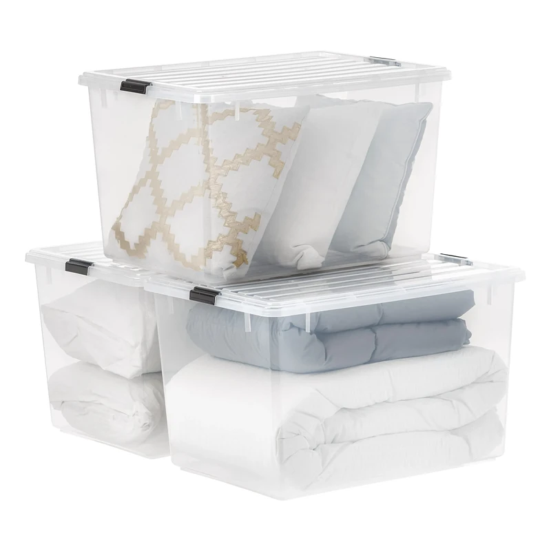 IRIS USA 144 Quart / 36 Gal. Stackable Plastic Storage Bins with Lids and Latch Buckles, 3 Pack - Clear, Large Containers for Home and Office Ultra Organization, Durable Nestable Tote Box Tub