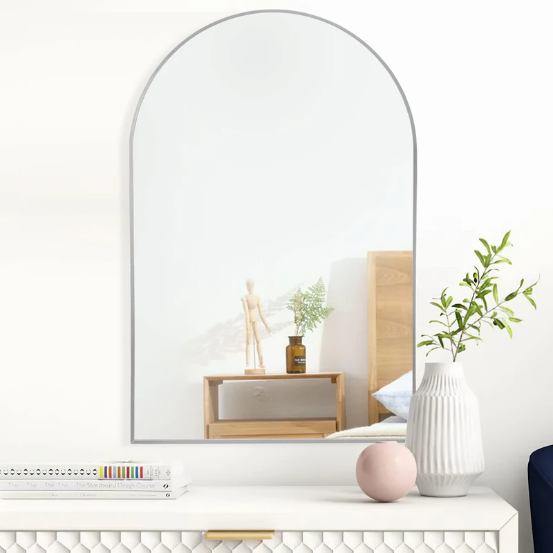 NeuType Arched Wall Mirror, 36"x24", Hanging or Leaning, Large Bedroom Floor Mirror, Dressing, Aluminum Alloy Thin Frame, Silver