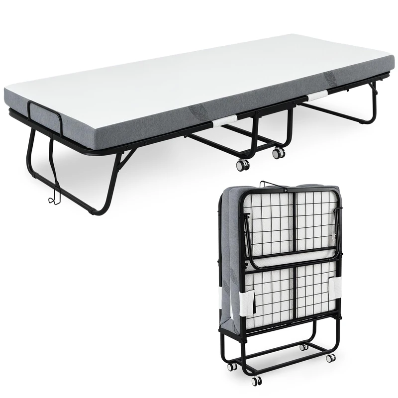 HOMCOM Folding Bed with 10cm Mattress, Portable Foldable Guest Bed with Sturdy Metal Frame on Wheels