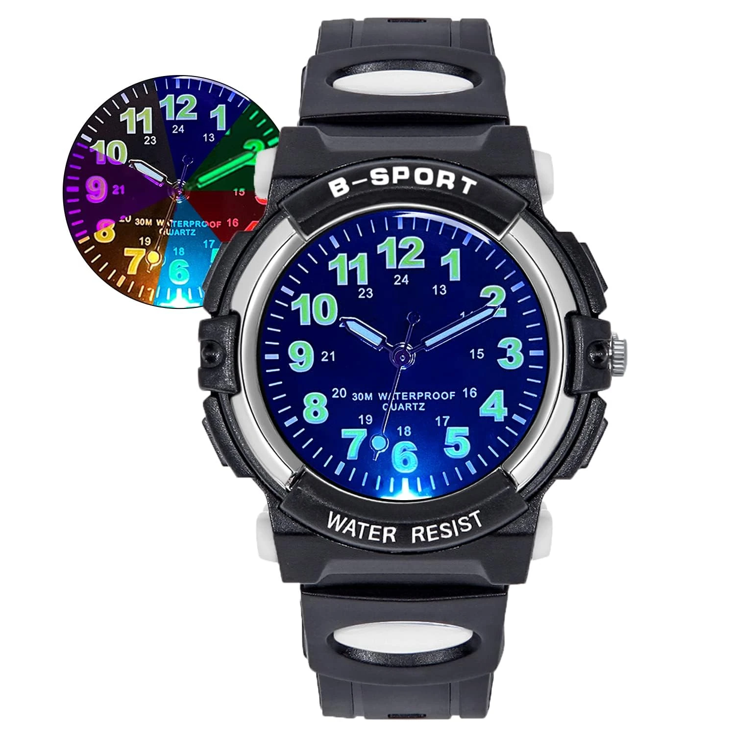 DTKID Kids Watches for Boys and Girls, 7 Colour Lights Waterproof Outdoor Sports Boys Watch, Analogue Quartz Childrens Watch with Soft Strap Watches for Kids Ages 5-16