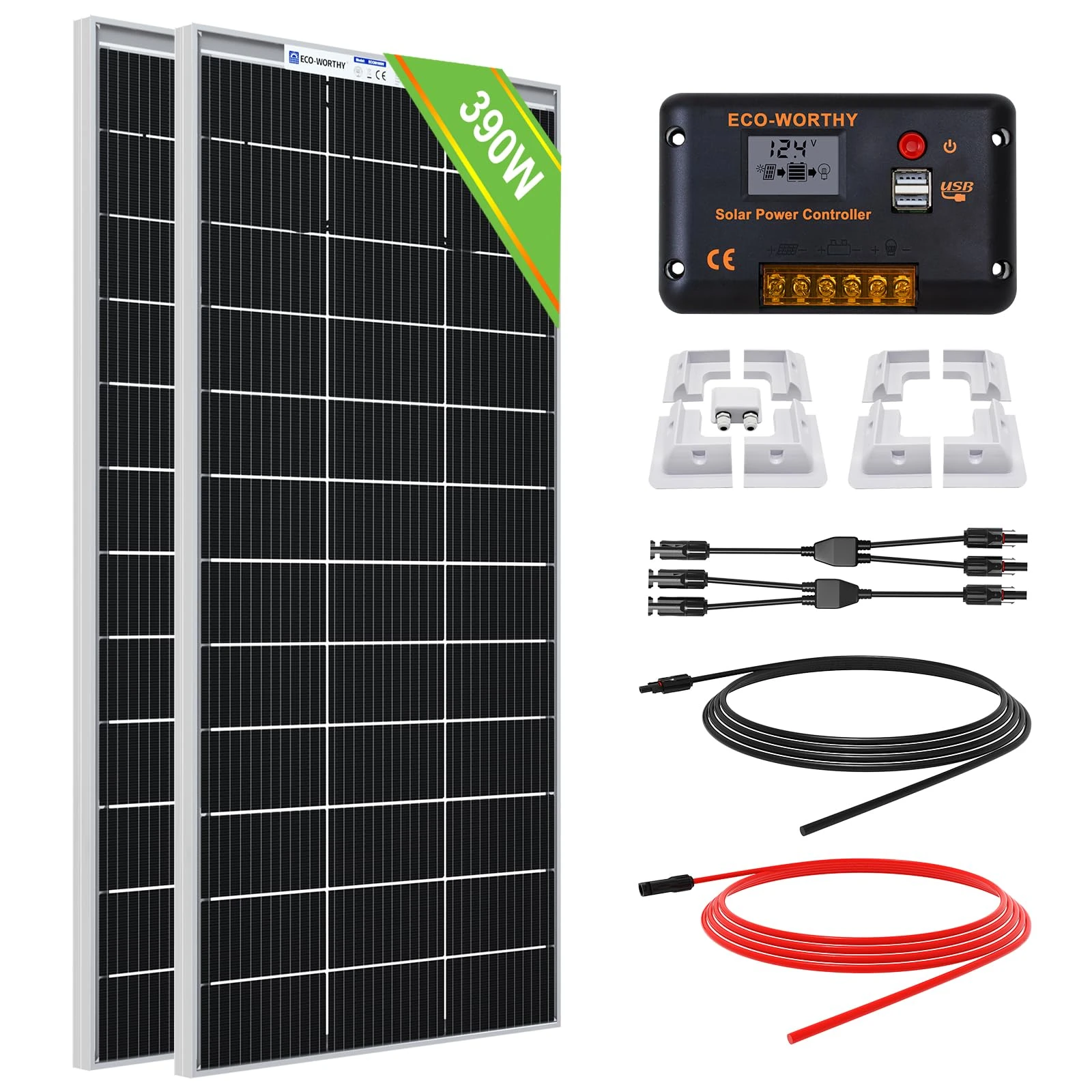 ECO-WORTHY 390W Solar Panel Kit 12V 1.56kWh/Day for Motorhome Caravan: 2pcs 195W Bifacial Solar Panels + 30A 12V/24V Charger Controller + Motorhome Mounting Brackets + Extension Cables