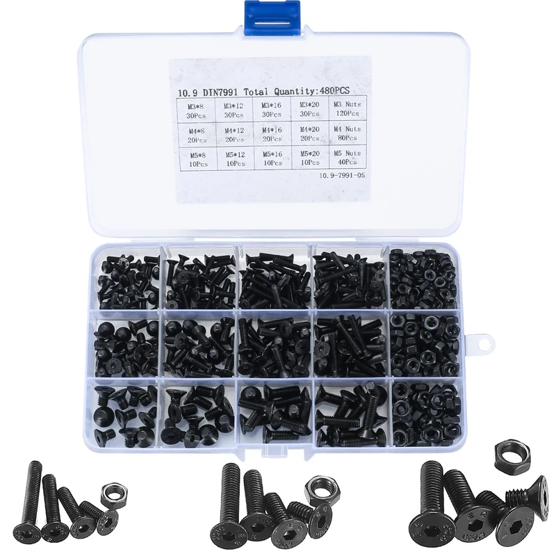 480 Pcs Assorted Set, Black Hex Socket Head Cap Screws, Bolts, Nuts - M3/M4/M5 Thread Fastener Machine Flat Head Hexagonal