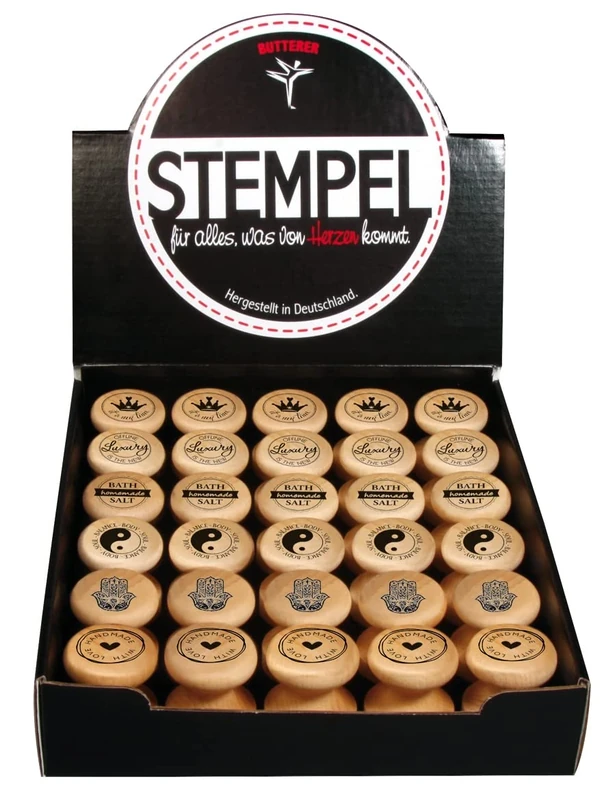 Rayher, Butterer 30 Wood Mounted Rubber Stamps for Homemade Beauty Products, Wellness Gifts, Card Making and Scrapbooking, Value Pack with 6 Different Designs, diameter 30mm, 29020000