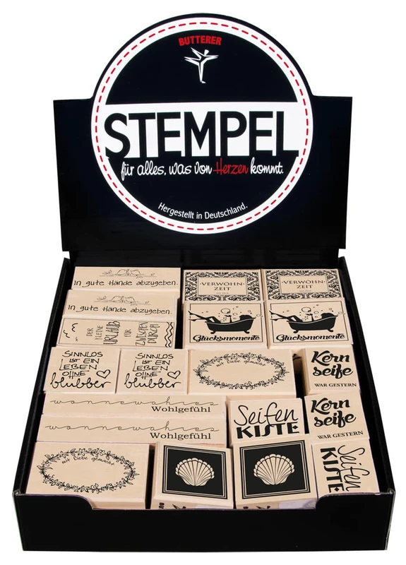 Rayher, Butterer 19 Wood Mounted Rubber Stamps for Homemade Beauty Products, Wellness Gifts, Card Making and Scrapbooking, Value Pack with 10 Different Designs, various sizes, 29065000