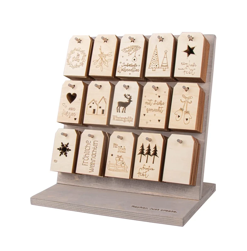 Rayher Display Stand with 180 Wooden Gift Tags for Gift Boxes and Presents, 15 Different Tag Designs, Tag with Hole for Crafts, unfinished wood, Tag Size 4.8x8.2cm, 63052505