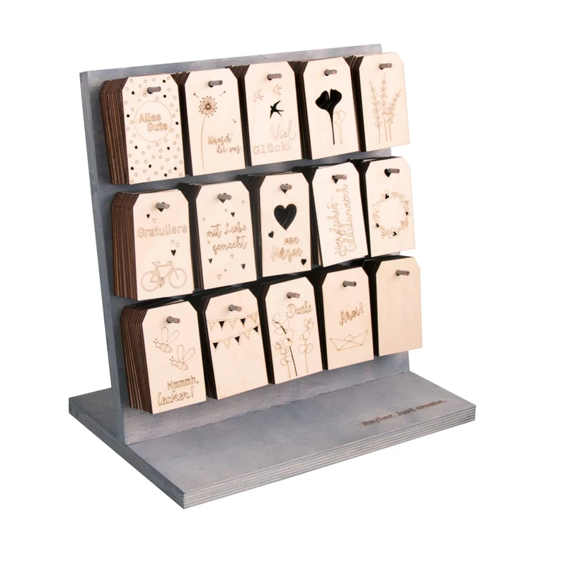 Rayher Display Stand with 180 Wooden Gift Tags for Gift Boxes and Presents, 15 Different Tag Designs, Tag with Hole for Crafts, unfinished wood, Tag Size 4.8x8.2cm, 63138505
