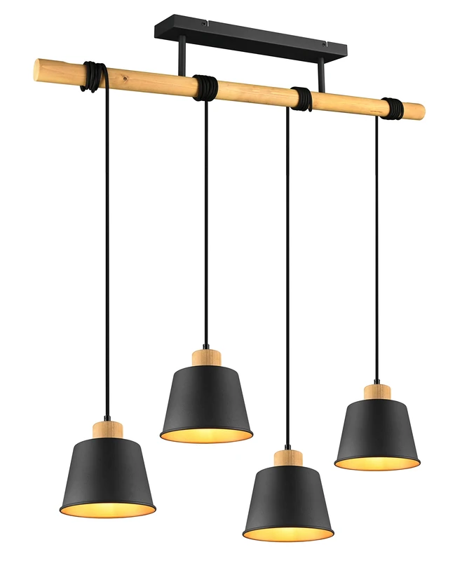 Trio Leuchten Harris 312700432 Pendant Light Metal Black Matt Gold-Coloured Interior Natural Wood 4X E27 Bulbs Not Included
