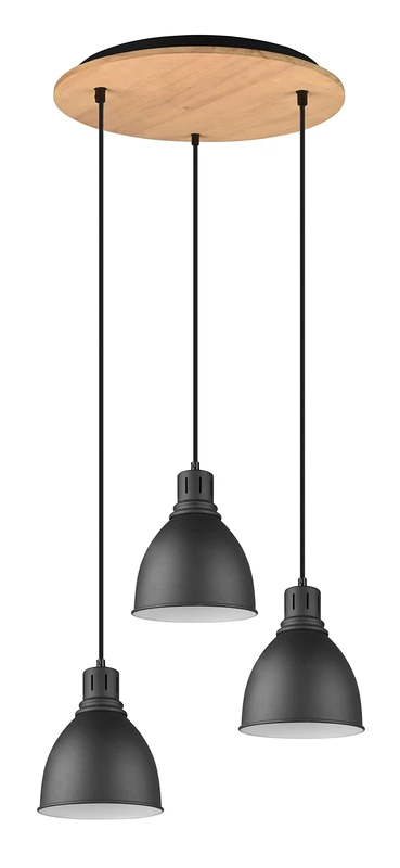 Trio Leuchten Henley 310730332 Pendant Light Metal Black Matte Wood Natural Bulbs 3X E14