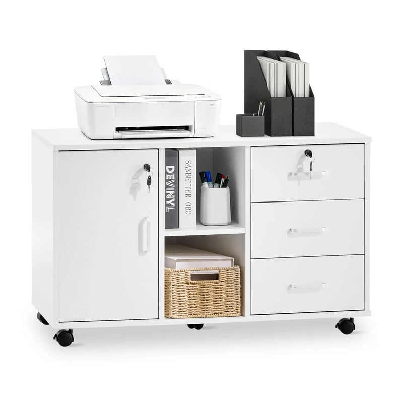 TUKAILAi Mobile File Cabinet with Lockable Drawers 4 Wheels Lateral Stationery Storage Cabinet for Home Office, File Organization Unit Printer Stand with Open Shelf Cupboard White