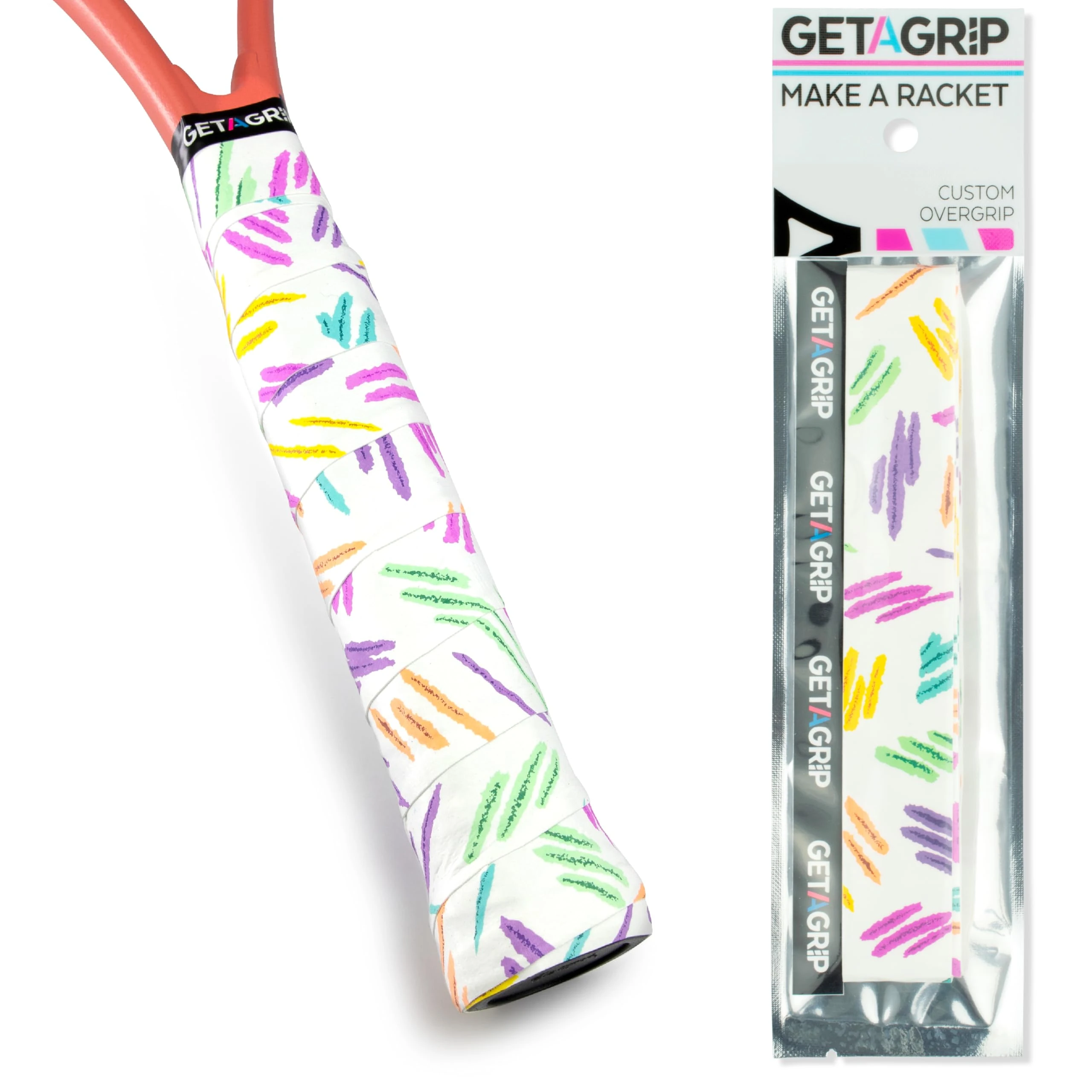 GET A GRIP - Custom Tennis Racket Grip Tape - Anti-Slip/Quick-Drying Tennis Overgrips - Precut Badminton Racket Grip with Finishing Tape - Squash Racket Grip Tapes (Spring & Bounce, 1 Grip)