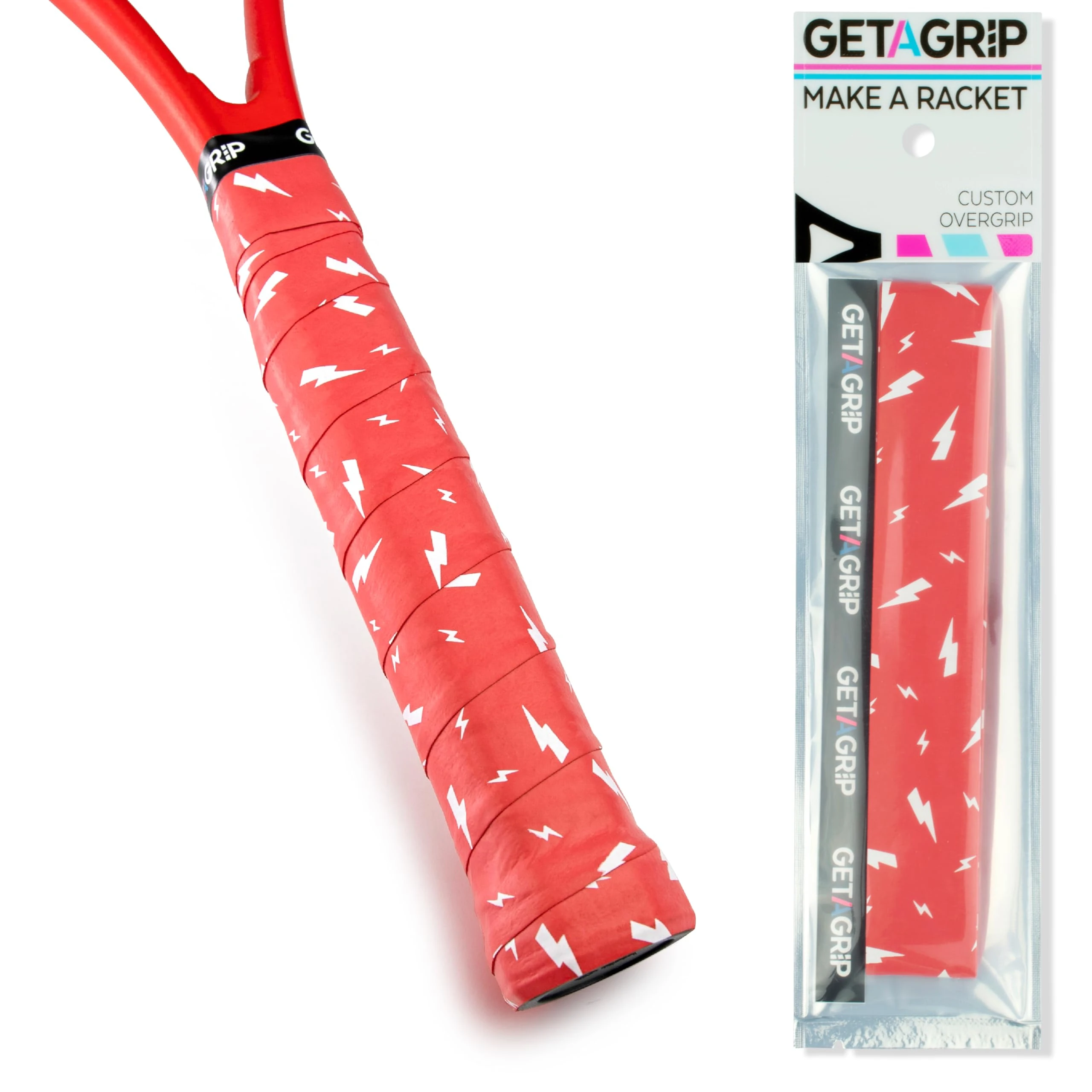 GET A GRIP - Custom Tennis Racket Grip Tape - Anti-Slip/Quick-Drying Tennis Overgrips - Precut Badminton Racket Grip with Finishing Tape - Squash Racket Grip Tapes (Charged Up (red), 1 Grip)