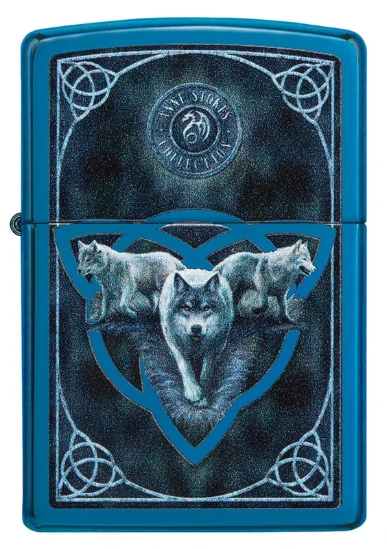 Zippo Windproof Lighter - Wolves Design by Anne Stokes - High Polish Blue Finish - Refillable - Reusable - Windproof Design - Gift Box - Metal - Made in USA