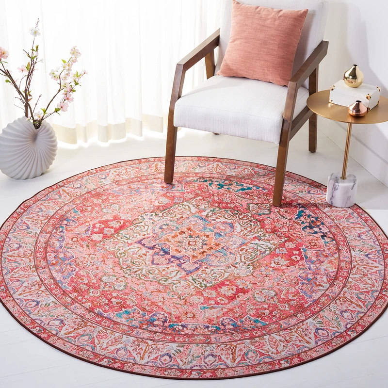 Safavieh Traditional Rug Ideal for High Traffic Areas - Machine Washable and Non Slip - Tucson Collection, Short Pile, in Rose and Cream, 183 X 183 cm