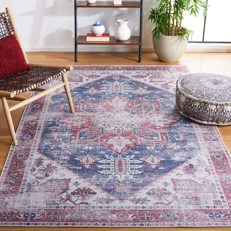 Safavieh Traditional Rug Ideal for High Traffic Areas - Machine Washable and Non Slip - Tucson Collection, Short Pile, in Navy and Red, 183 X 274 cm