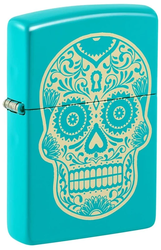 Zippo Windproof Lighter - Dia De Los Muertos Sugar Skull - Flat Turquoise Finish, Laser Engraving - Refillable - Reusable - Windproof Design - Gift Box - Made In USA - Image 1
