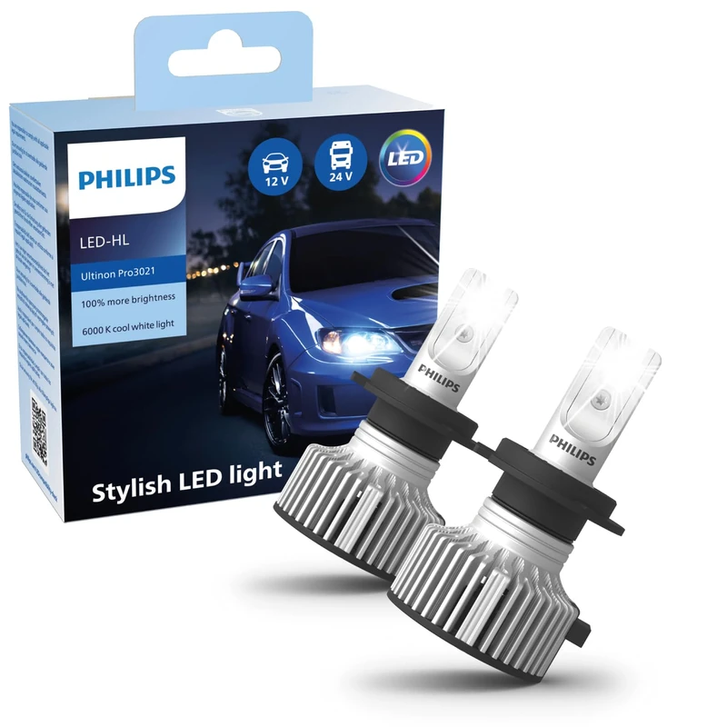 Philips Ultinon Pro3021 LED Car Headlight Bulb (H7), cool white light of 6.000K, set of 2