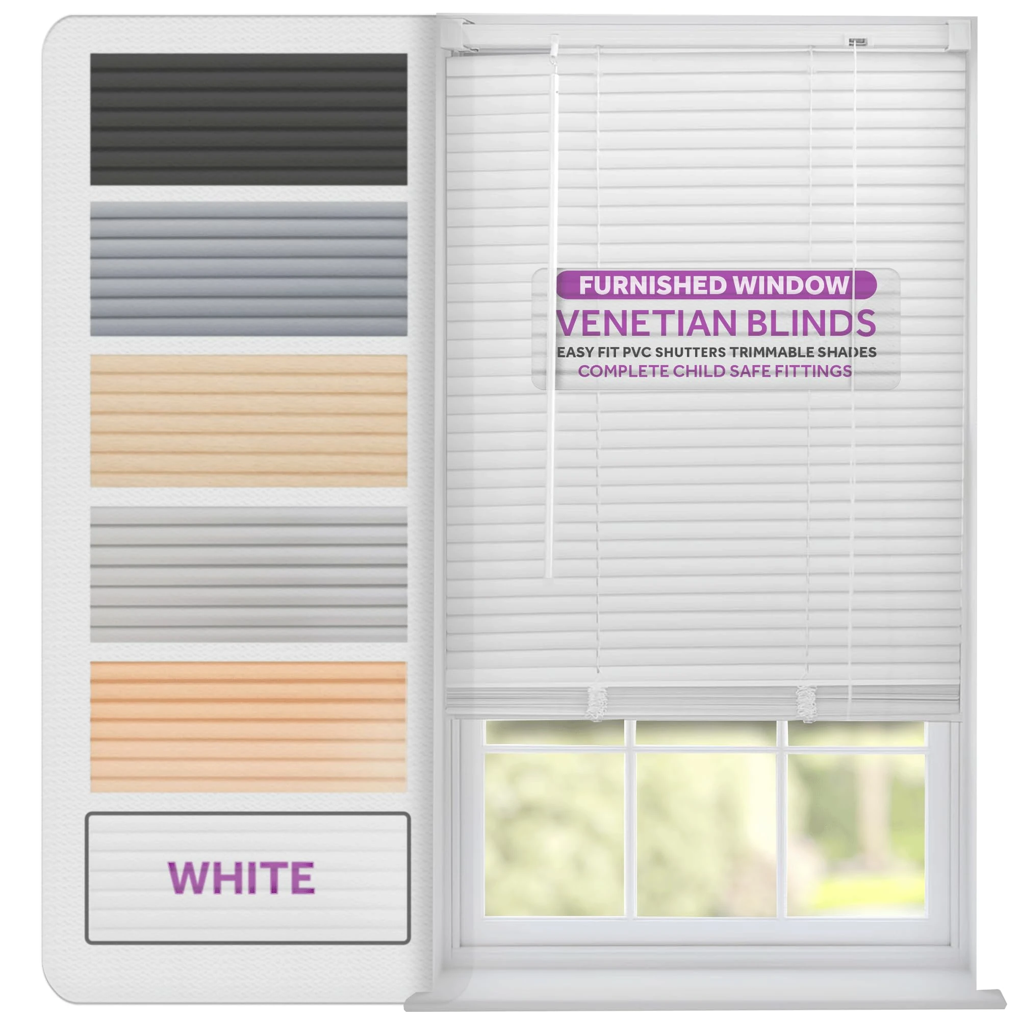 FURNISHED Venetian Blinds Window Venetian Blind Easy Fit PVC Shutters Trimmable Shades for Home Kitchen Windows Treatment Shutters 25mm Slats Complete Child Safe Fittings - White 55W x 150L cm