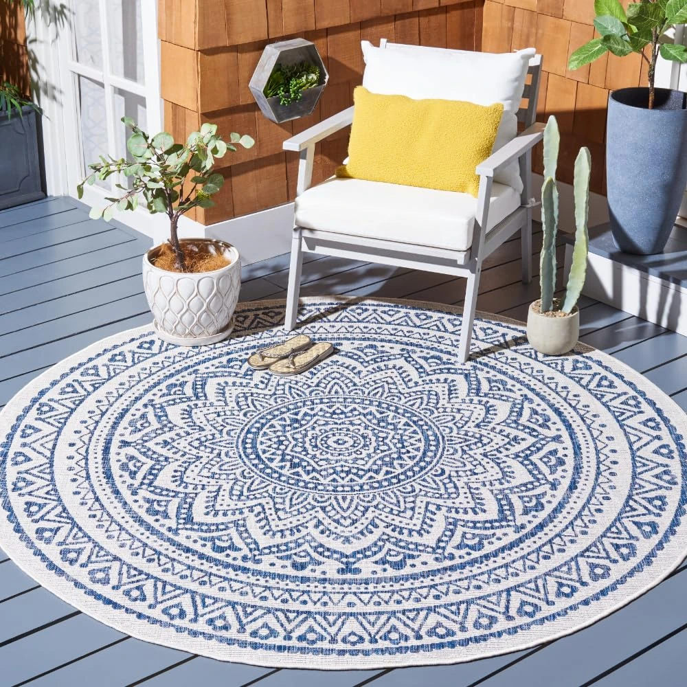 SAFAVIEH Courtyard Collection 7'10" Round Ivory/Navy CY8734 Boho Mandala Indoor/ Outdoor Easy Cleaning Patio Backyard Mudroom Area Rug