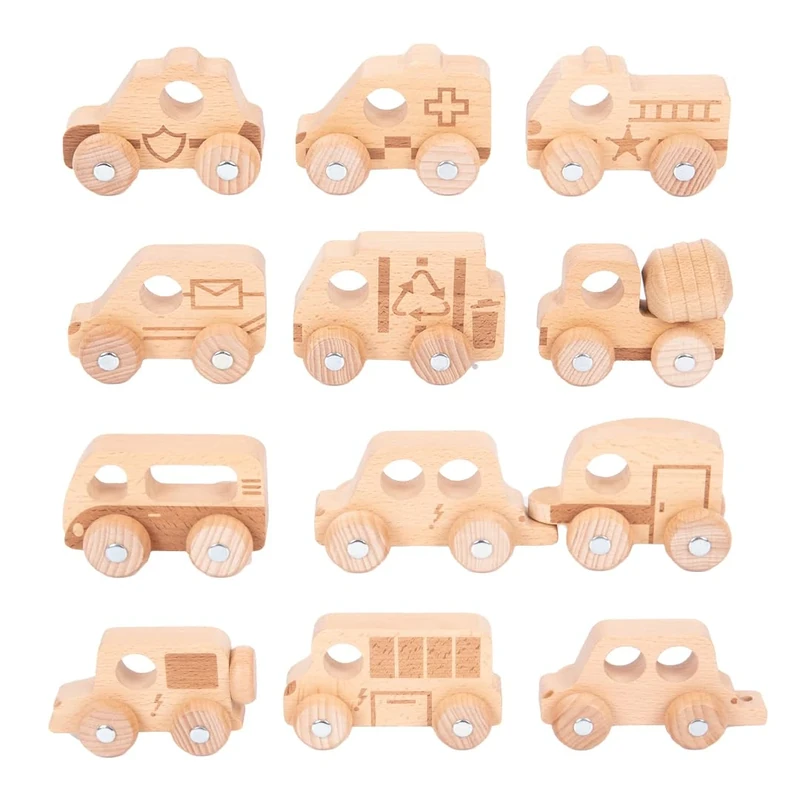 tickit Natural Wooden Vehicles Set – 12 Beechwood Toy Cars, Trucks & Fire Engines – Rotating Wheels, Small World Play, Imaginative Play, Early Learning Vehicle Set for Children