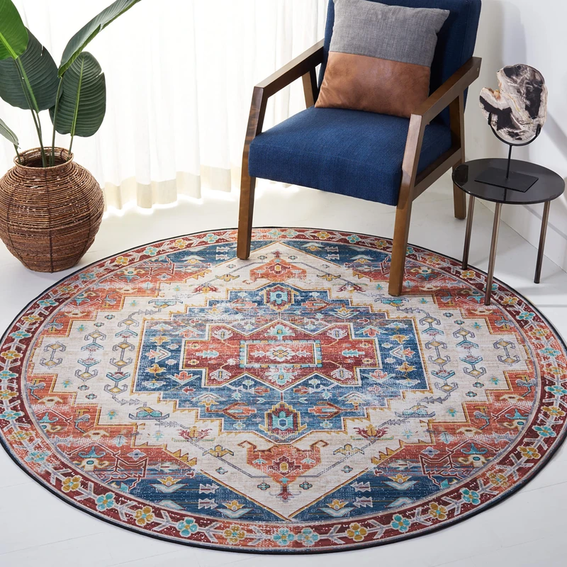 Safavieh Traditional Rug Ideal for High Traffic Areas - Machine Washable and Non Slip - Tucson Collection, Short Pile, in Blue and Red, 183 X 183 cm
