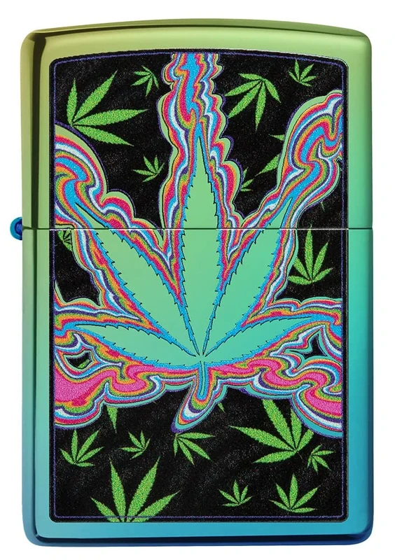 Zippo Windproof Lighter - Cannabis - Blue Green High Polish Teal Finish, Colour Image - Refillable - Reusable - Windproof - Gift Box - Made in USA