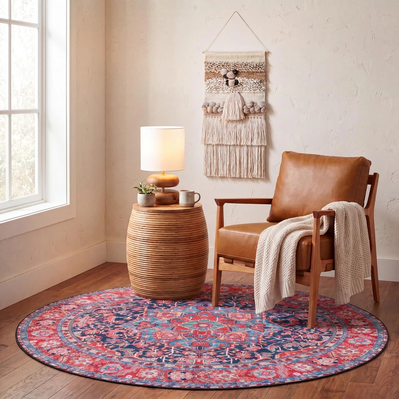 SAFAVIEH Traditional Rug Ideal for High Traffic Areas - Machine Washable and Non Slip - Tucson Collection, Short Pile, in Navy and Red, 183 X 183 cm
