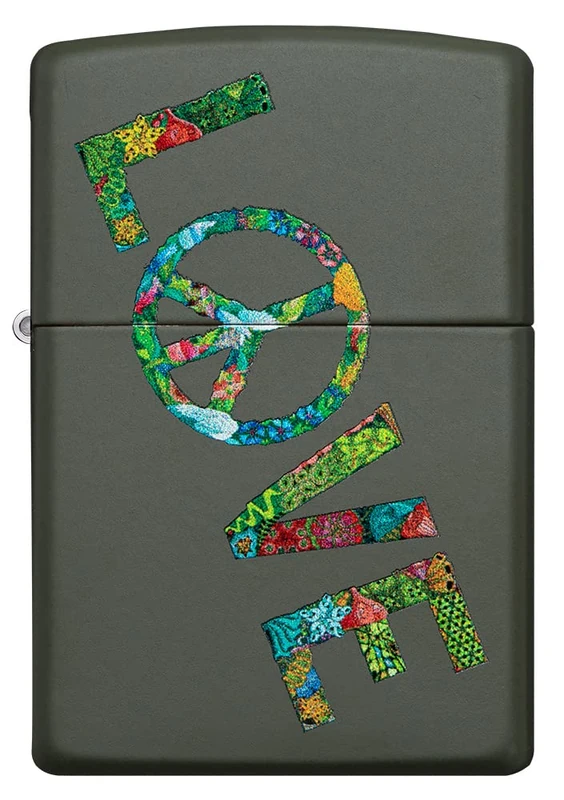 Zippo Windproof Lighter - Love Peace Nature - Green Matte Finish with Colour Image - Refillable - Reusable - Windproof Design - Gift Box - Made in USA - Image 1
