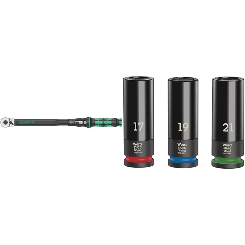Wera Click Torque C 3 Adjustable Torque Wrench, 1/2" Square Drive, 40-200 Nm, 05075622001 & 05004595001 Wheel Impaktor C Set 1 Hexagon Socket