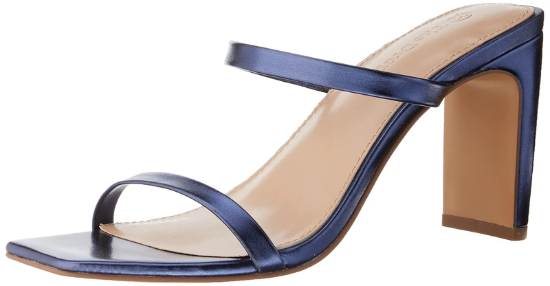 The Drop Women's Avery Square Toe Two Strap High Heeled Sandal Metallic Navy, 7.5