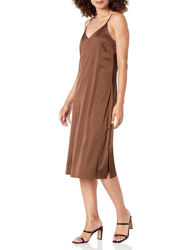 The Drop Women's Ana Silky V-Neck Midi Slip Dress Coffee Bean, L