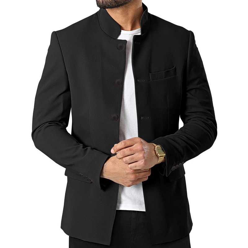 Mens Casual Suit Blazer Stand Mandarin Collar Single-Breasted Business Jackets, Black, XXL