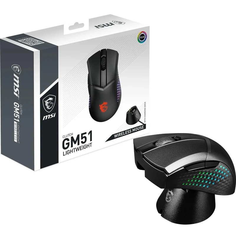 MSI CLUTCH GM51 LIGHTWEIGHT WIRELESS Gaming Mouse - 26000 DPI Optical Sensor, Ergonomic 60M+ Click OMRON Switches, 6-Buttons, 150-Hour Battery, Charging Dock, 1ms Latency, RGB, 85g - Wired/Wireless