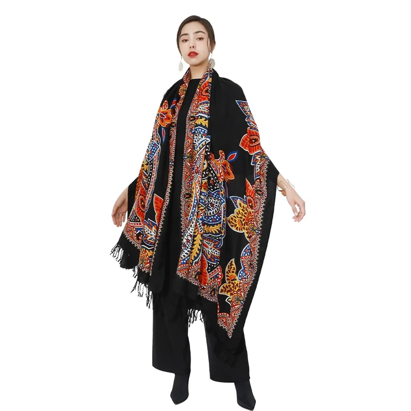 DANA XU 100% Pure Merino Wool Poncho Winter Large Scarf Pashmina Shawl Bandana Neck Wrap For Women, 22 Black&red, Large