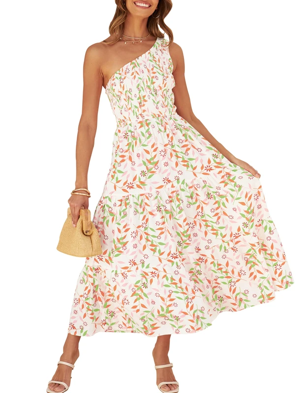 ZESICA Women's 2023 Bohemian Summer Floral Print One Shoulder Sleeveless Smocked Ruffle Tiered Beach Long Midi Dress, Whitepink, M