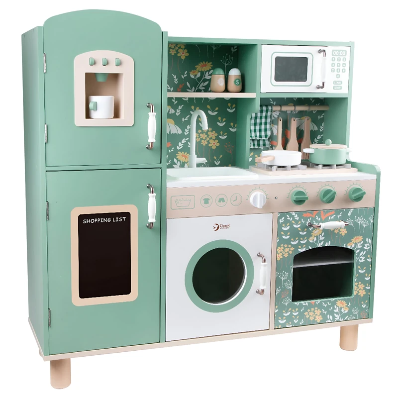 Classic World Wooden Large Vintage Green Floral Kitchen Set for Girls and Boys, Non-Toxic Paint, Pretend/Role Play Cooking, 3 Years+, 15 Pieces, 91 x 34 x 90 cm