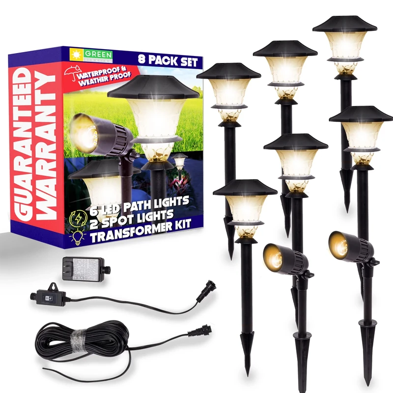 GreenLighting Low Voltage Outdoor Lights - Cast Aluminum Path Stake and Spot Lights - Walkway Lights, Garden Lawn Lights - includes Transformer, Control Box and Landscape Wire (Black, 8 Pack) - Image 1