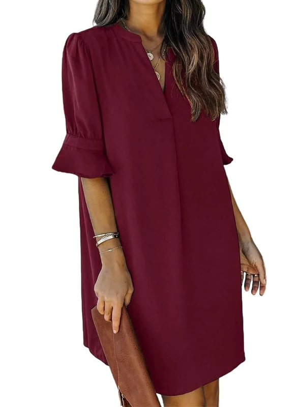 QACOHU Summer Dresses for Women V Neck Ruffle Short Sleeve Casual Shift Dress, A-red Wine, L - Image 1