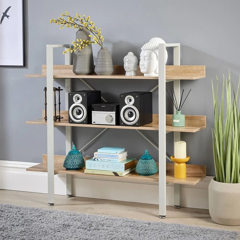 Home Source Urban 3 Tier Wide Bookcase Display Rack Ladder Storage, Metal Frame, Oak Effect, Grey