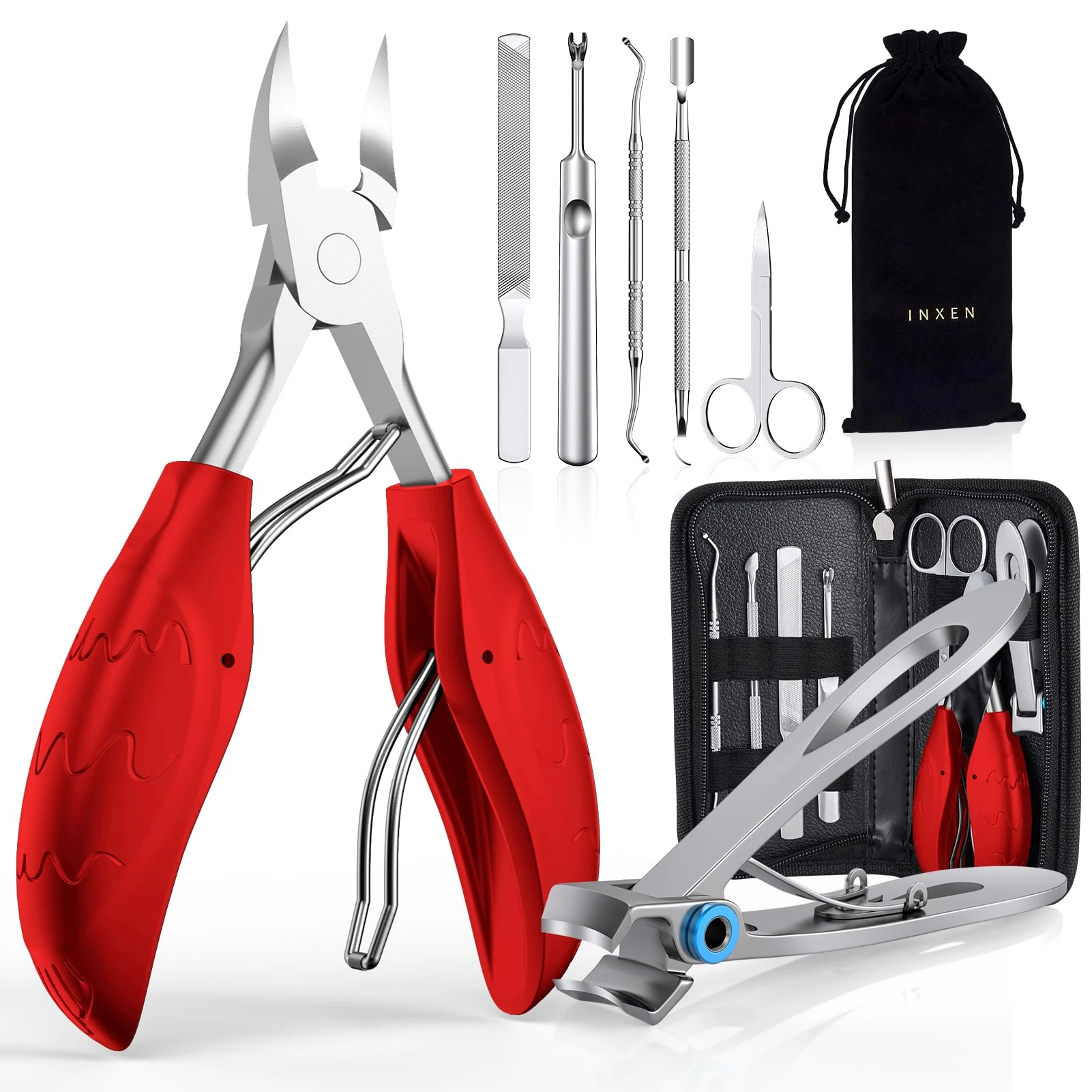 INXEN Nail Clippers Set for Thick or Ingrown Nails, 7Pcs Professional Toenail Clippers, Stainless Steel Podiatrist Fingernail Cutter and Toenail Scissors. Pedicure Tool for Seniors with Nail File, Red