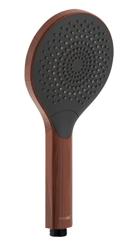 WENKO Watersaving Wood shower head, water-saving handheld rain shower head in elegant faux wood, saves water with full comfort with 3 jet types, ½" universal connection, Ø 12 cm, brown/black