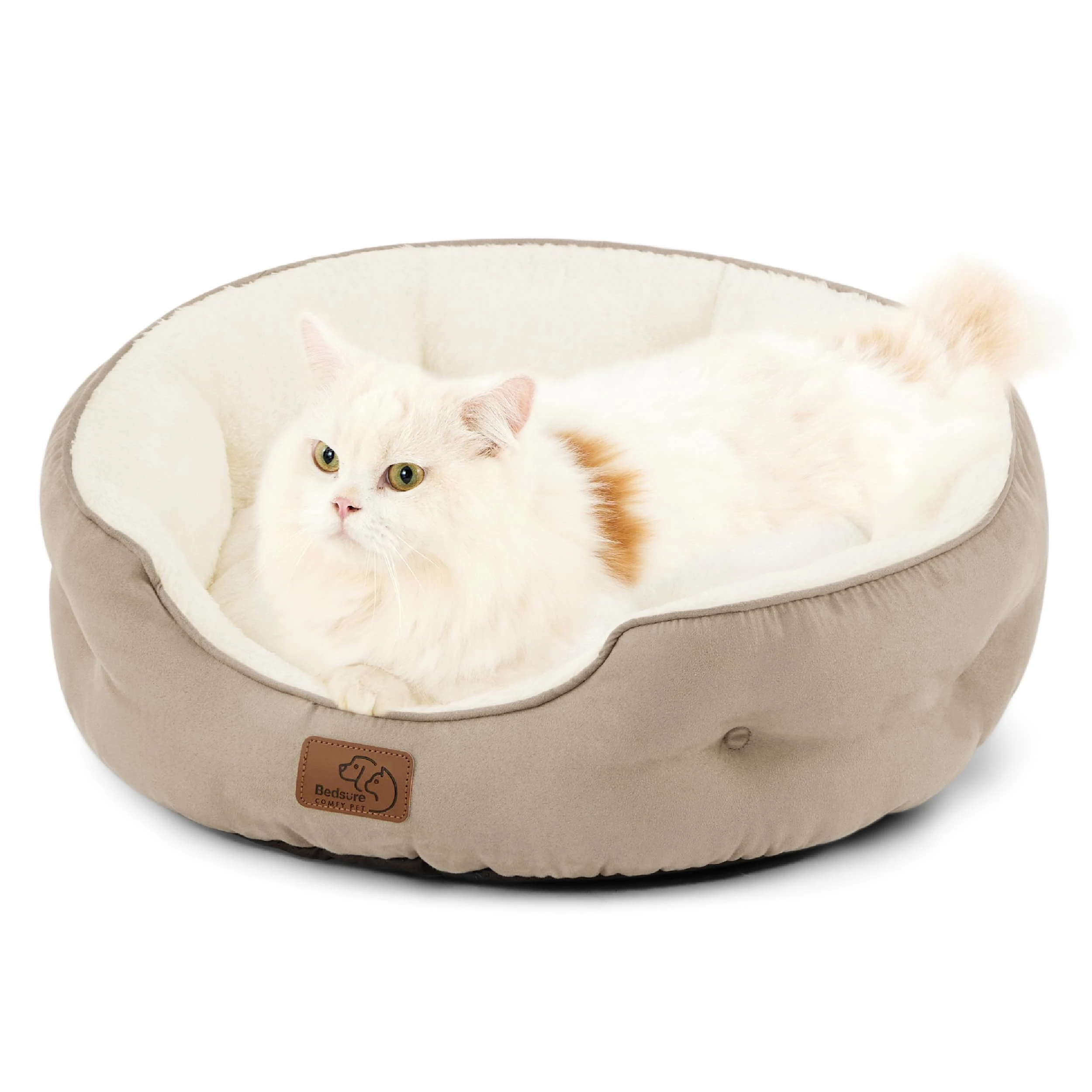 Bedsure Cat Bed for Indoor Cats - 51x48x15cm Round Washable Kitten Bed with Slip-Resistant Bottom and Reversible Cushion, Camel