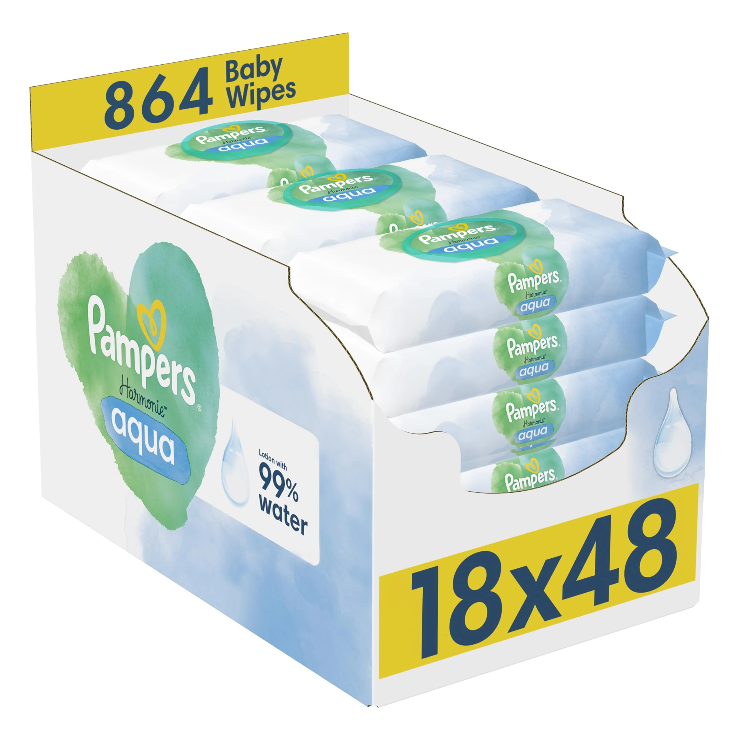 Pampers Harmonie Aqua Baby Wipes Plastic Free 18 Packs of 48 Wipes, 864 Baby Wet Wipes, Help Restore Natural Skin pH, Delicate Lotion with 99 Percent Water