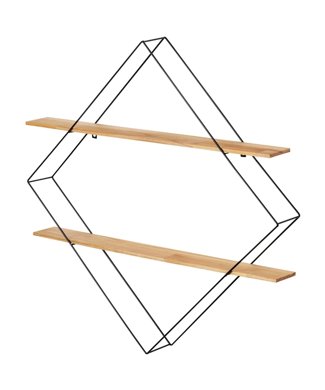 WENKO Wall rack Geo, angular rack, frame made of metal with a black paintwork finish, diamond-shaped, with 2 shelves made of natural pine wood, Industrial design, 56 x 56 x 10 cm, black/brown - Image 1