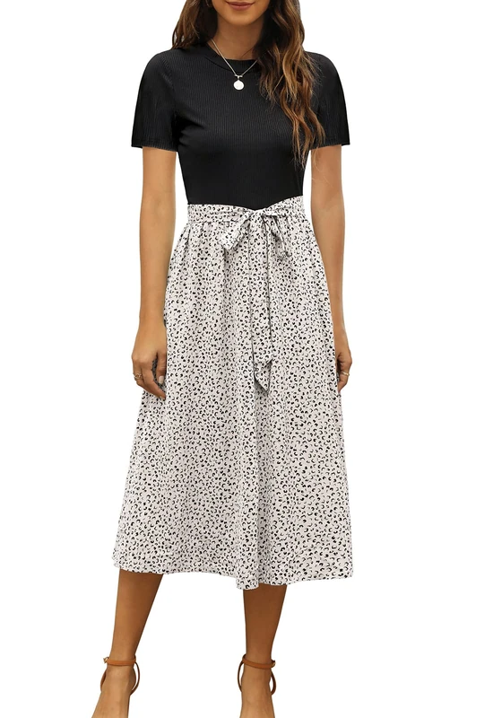 Zattcas 2024 Summer Dress for Women Short Sleeve Ribbed Teacher Church Modest Business Casual Work midi Dress, F-Black O, L - Image 1