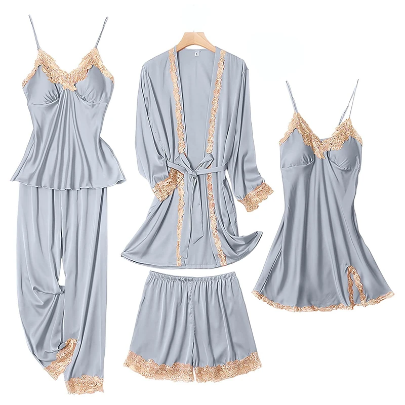 SAPJON Womens Pajama Sets 5PCS Silk Pajamas for Women Cute Sleepwear Loungewear Satin Pajamas Sets for Women Soft, Grey, M