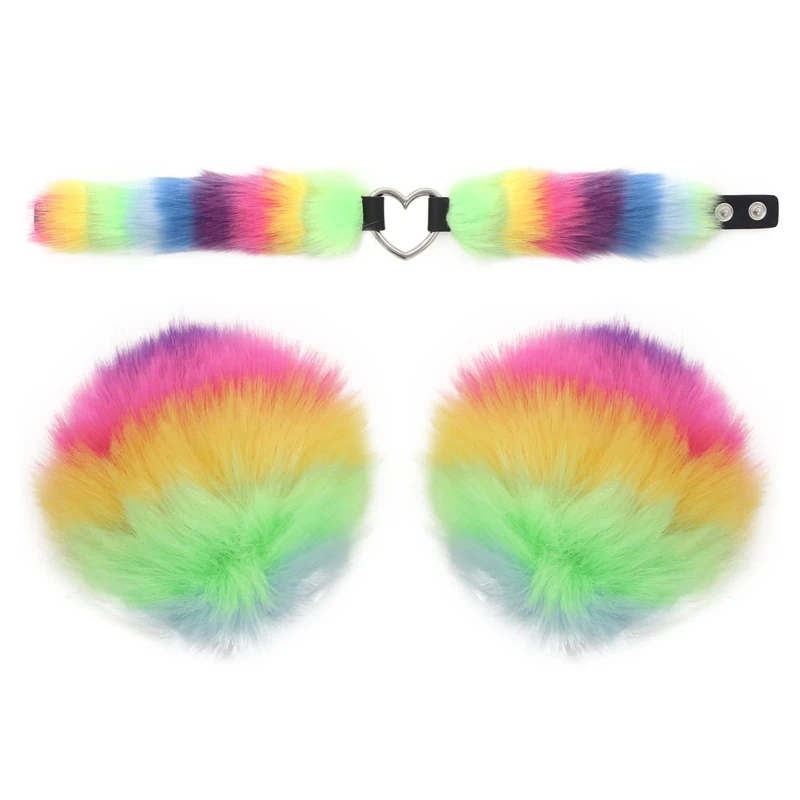 CHICTRY Fashion Plush Nipple Cover Self-Adhesive Pasties Breast Stickers and Heart-Shaped Choker for Halloween Masquerade Rainbow One Size