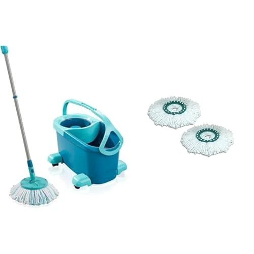 Leifheit Clean Twist Disc Mop Ergo Mobile Set, Moisture Controlled Spin, Wheeled Bucket, Faster Cleaning & Replacement Head Clean Twist Disc Mop, x 2 Pack, Microfibre, White